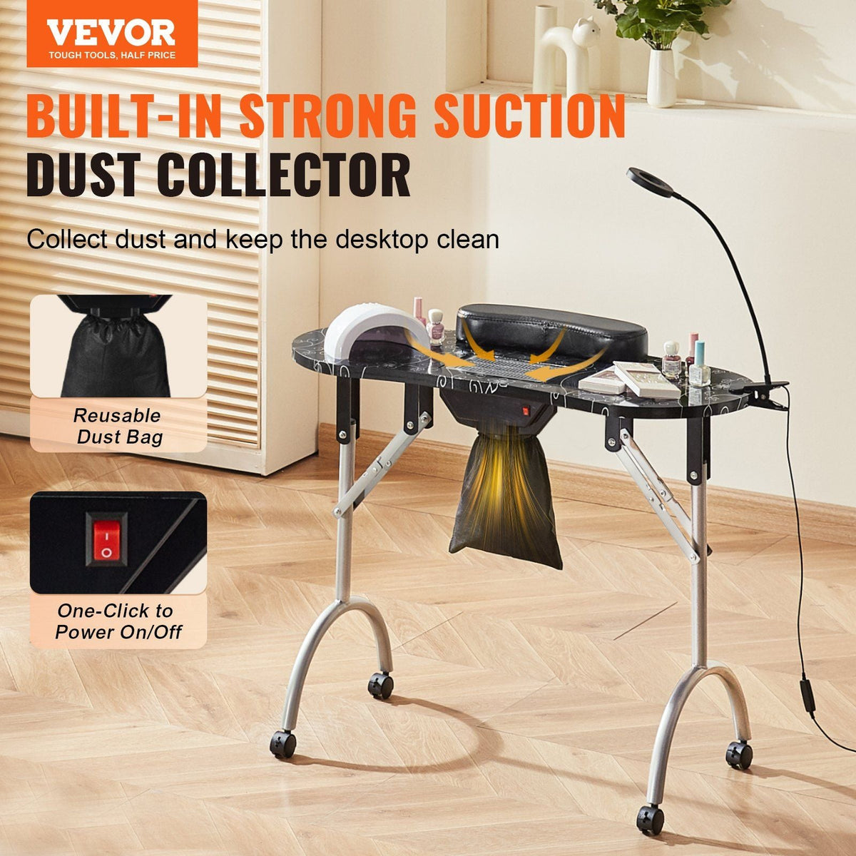 Portable Manicure Table, Foldable Nail Table with Electric Dust Collector, Moveable Nail Tech Desk & 4 Wheels, 3 Dust Bags, Bendable LED Lamp, MDF Nail Art Workstation for Home Spa Beauty Salon