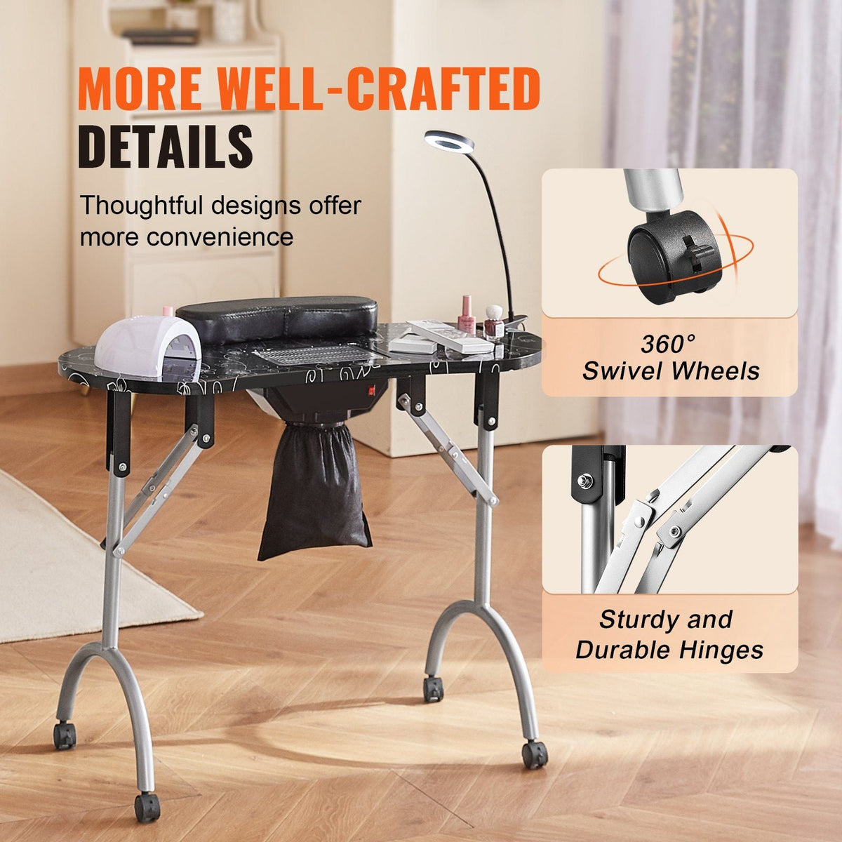 Portable Manicure Table, Foldable Nail Table with Electric Dust Collector, Moveable Nail Tech Desk & 4 Wheels, 3 Dust Bags, Bendable LED Lamp, MDF Nail Art Workstation for Home Spa Beauty Salon