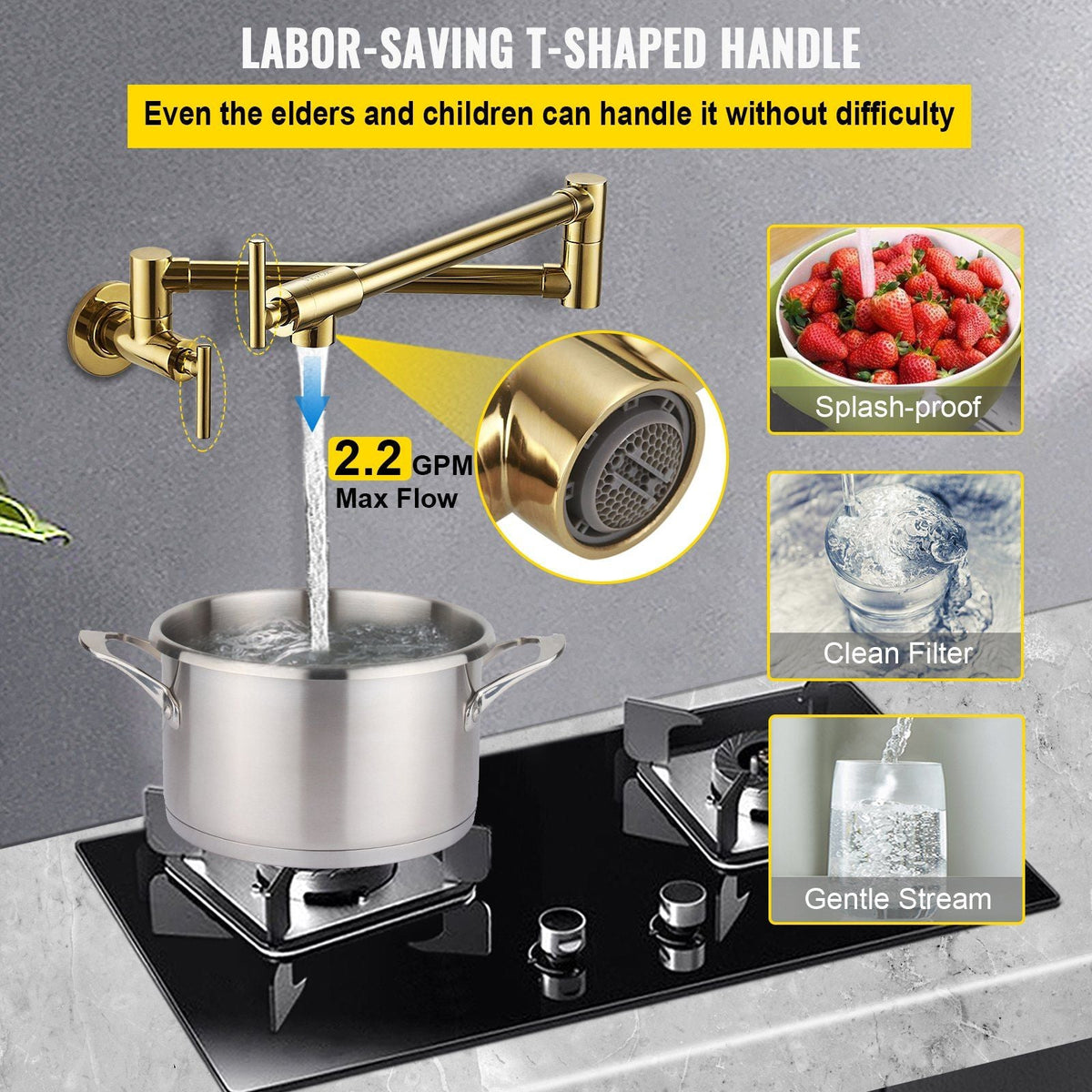 Pot Filler Faucet, Solid Brass Commercial Wall Mount Kitchen Stove Faucet with Gold Brushed Finish, Folding Restaurant Sink Faucet with Double Joint Swing Arm & 2 Handles