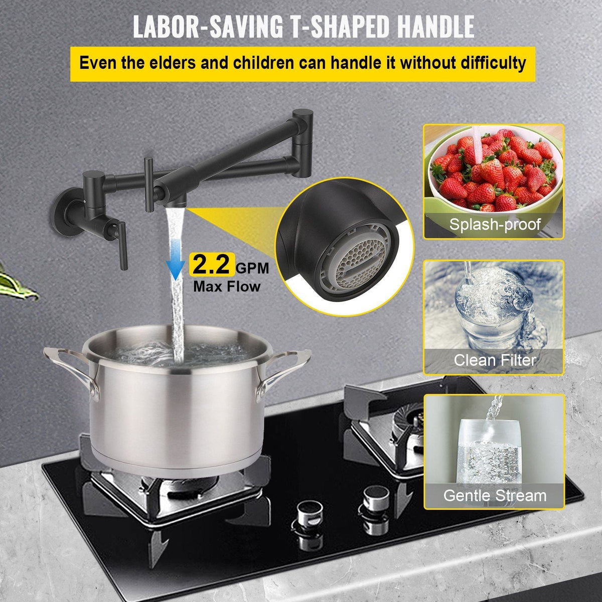 Pot Filler Faucet, Solid Brass Commercial Wall Mount Kitchen Stove Faucet with Gold Brushed Finish, Folding Restaurant Sink Faucet with Double Joint Swing Arm & 2 Handles