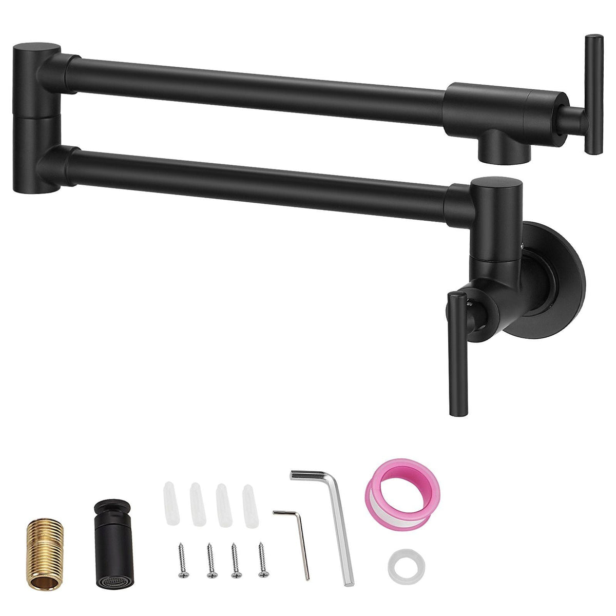 Pot Filler Faucet, Solid Brass Commercial Wall Mount Kitchen Stove Faucet with Gold Brushed Finish, Folding Restaurant Sink Faucet with Double Joint Swing Arm & 2 Handles