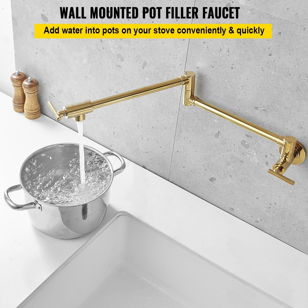 Pot Filler Faucet, Solid Brass Commercial Wall Mount Kitchen Stove Faucet with Gold Brushed Finish, Folding Restaurant Sink Faucet with Double Joint Swing Arm & 2 Handles