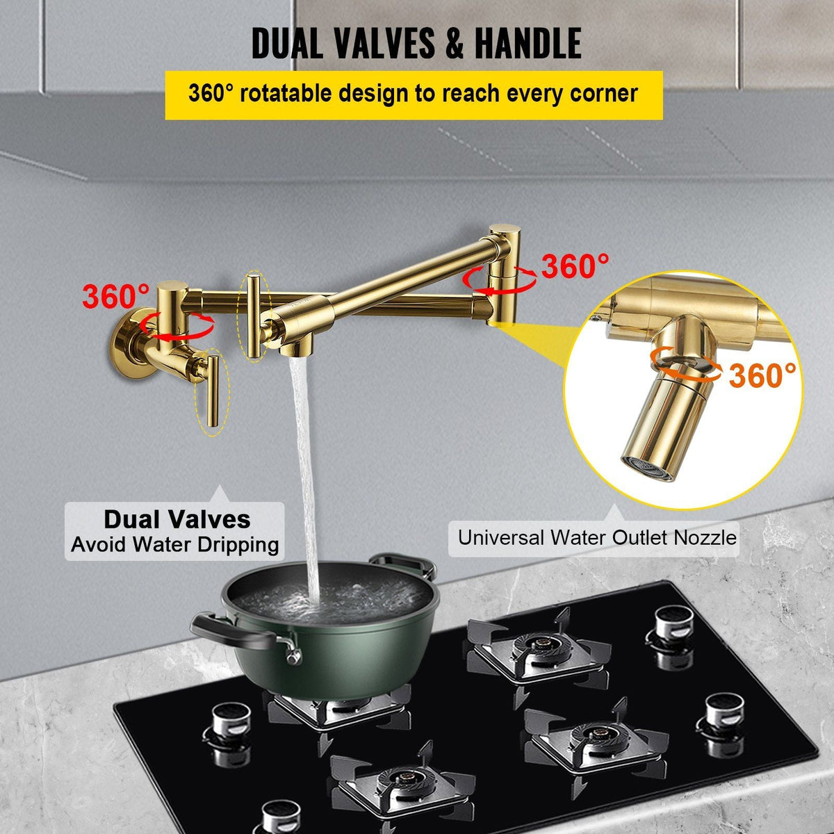 Pot Filler Faucet, Solid Brass Commercial Wall Mount Kitchen Stove Faucet with Gold Brushed Finish, Folding Restaurant Sink Faucet with Double Joint Swing Arm & 2 Handles