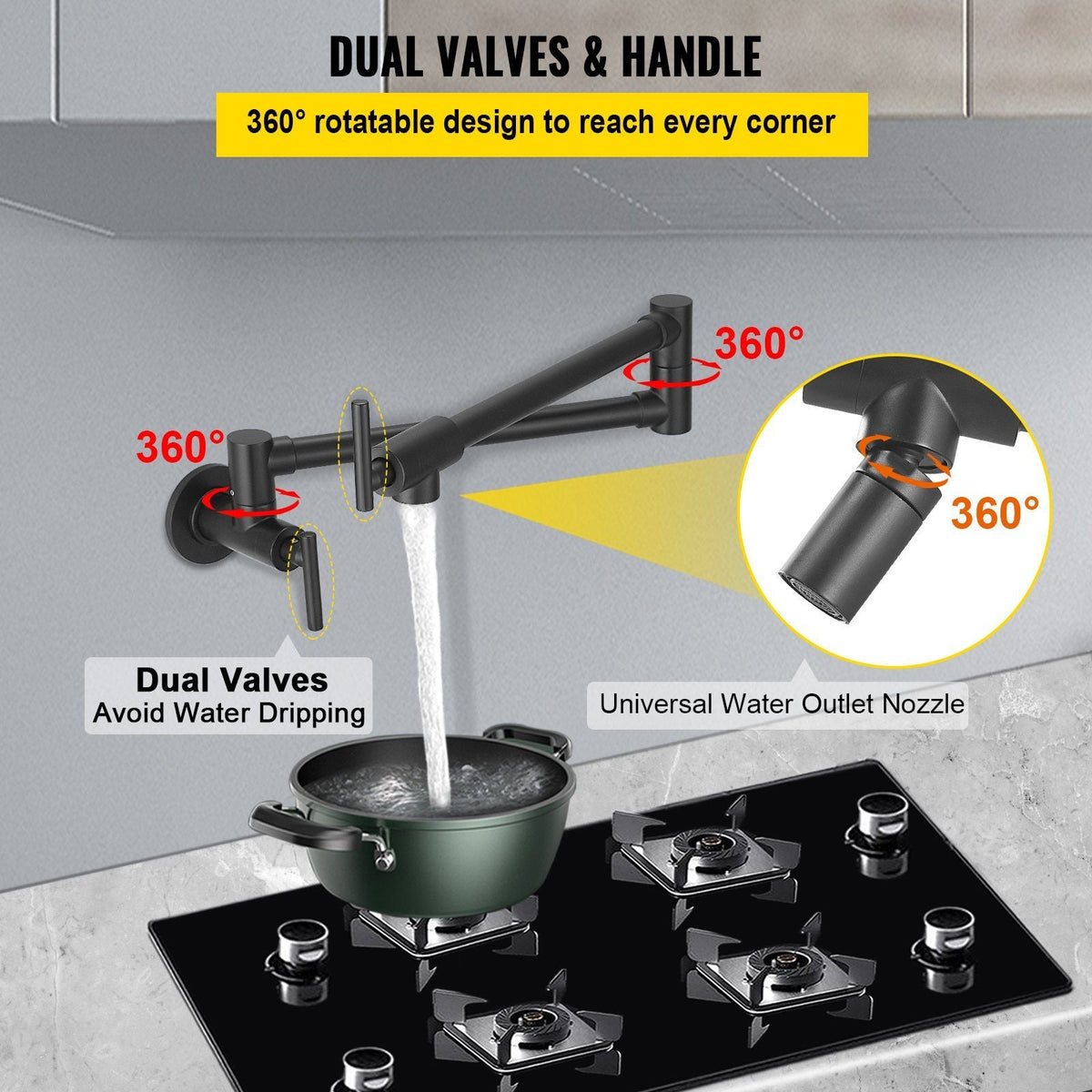 Pot Filler Faucet, Solid Brass Commercial Wall Mount Kitchen Stove Faucet with Gold Brushed Finish, Folding Restaurant Sink Faucet with Double Joint Swing Arm & 2 Handles