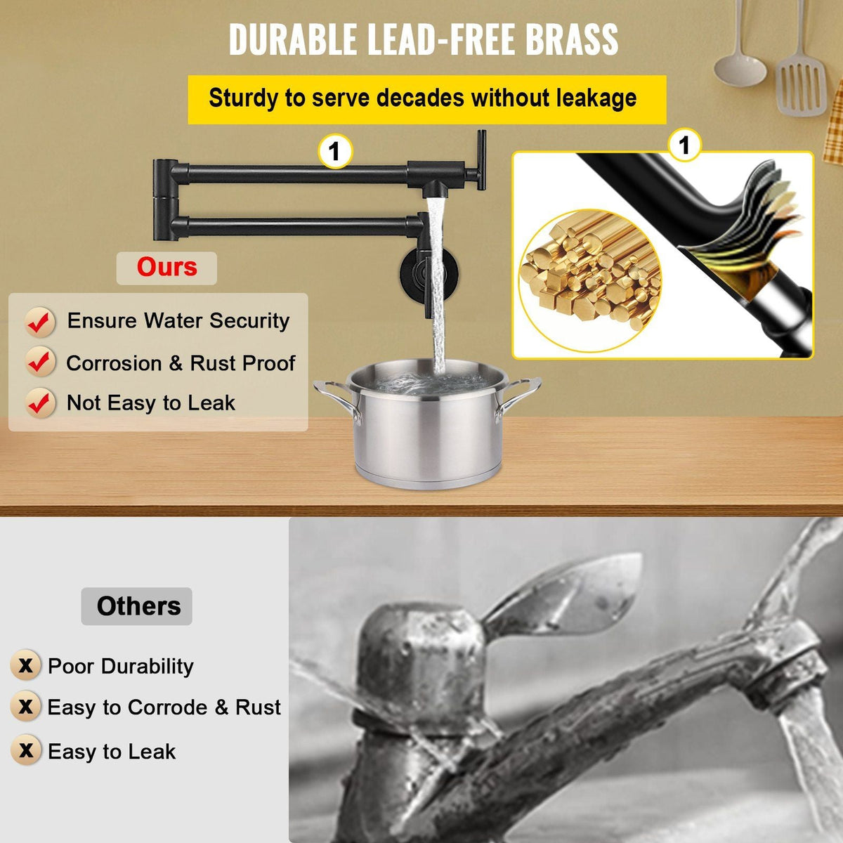 Pot Filler Faucet, Solid Brass Commercial Wall Mount Kitchen Stove Faucet with Matte Black Finish, Folding Restaurant Sink Faucet with Double Joint Swing Arm & 2 Handles 24.4"