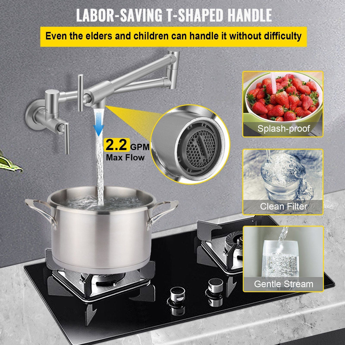 Pot Filler Faucet, Solid Brass Commercial Wall Mount Kitchen Stove Faucet with Matte Black Finish, Folding Restaurant Sink Faucet with Double Joint Swing Arm & 2 Handles 24.4"