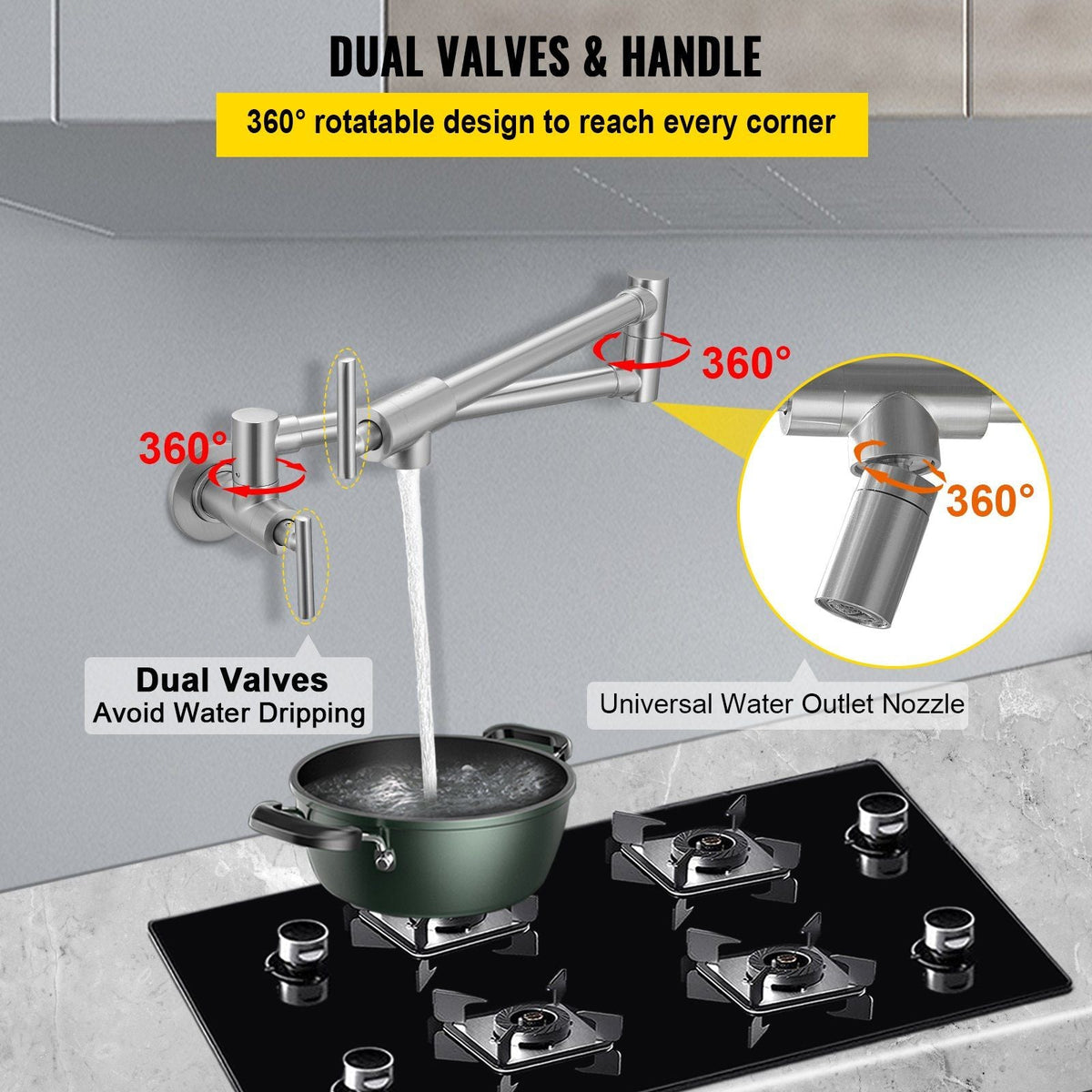 Pot Filler Faucet, Solid Brass Commercial Wall Mount Kitchen Stove Faucet with Matte Black Finish, Folding Restaurant Sink Faucet with Double Joint Swing Arm & 2 Handles 24.4"