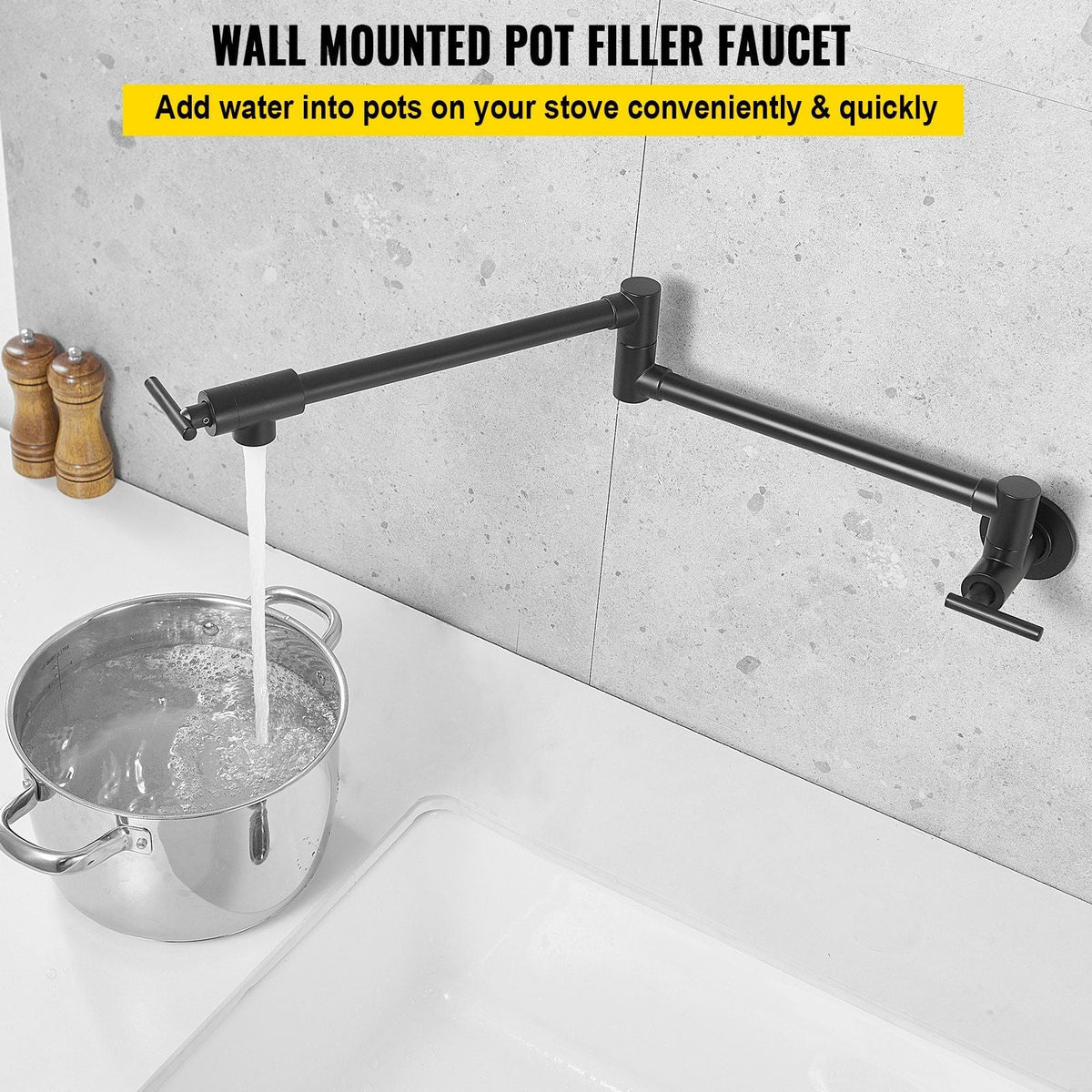 Pot Filler Faucet, Solid Brass Commercial Wall Mount Kitchen Stove Faucet with Matte Black Finish, Folding Restaurant Sink Faucet with Double Joint Swing Arm & 2 Handles 24.4"