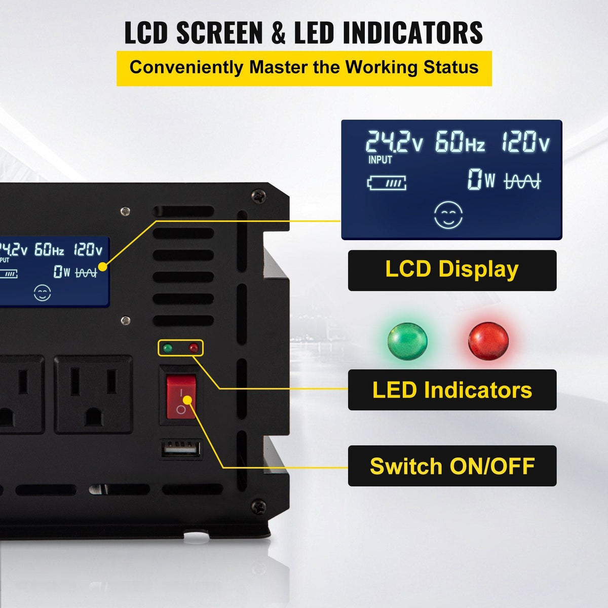 Power Inverter, 2000W Modified Sine Wave Inverter, DC 24V to AC 120V Car Converter, with LCD Display, Remote Controller, LED Indicator, AC Outlets Inverter for Truck RV Car Boat Travel Camping
