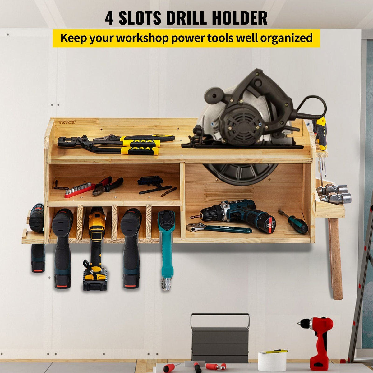 Power Tool Organizer, Wall Mount Drill Holder, 4 Drill Hanging Slots Drill Charging Station, 3-Shelf Cordless Drill Storage, Polished Wooden Toolbox for Saw, Impact Wrench, Screwdriver Drill