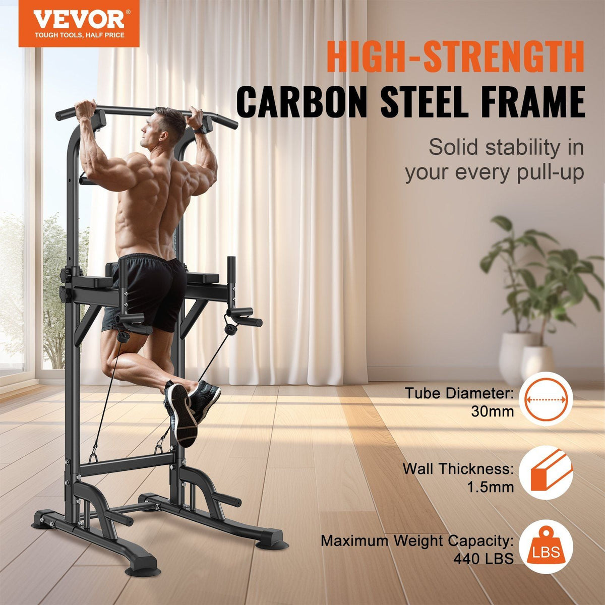 Power Tower Dip Station, 10-Level Height Adjustable Pull Up Bar Stand, Multi-Function Home Gym Strength Training Fitness Workout Equipment with 7-Level Adjustable Backrest, PU Elbow Pads, 440LBS