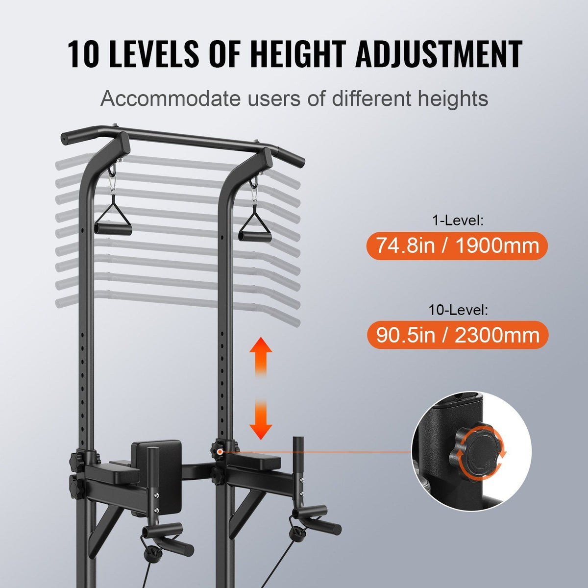 Power Tower Dip Station, 10-Level Height Adjustable Pull Up Bar Stand, Multi-Function Home Gym Strength Training Fitness Workout Equipment with 7-Level Adjustable Backrest, PU Elbow Pads, 440LBS