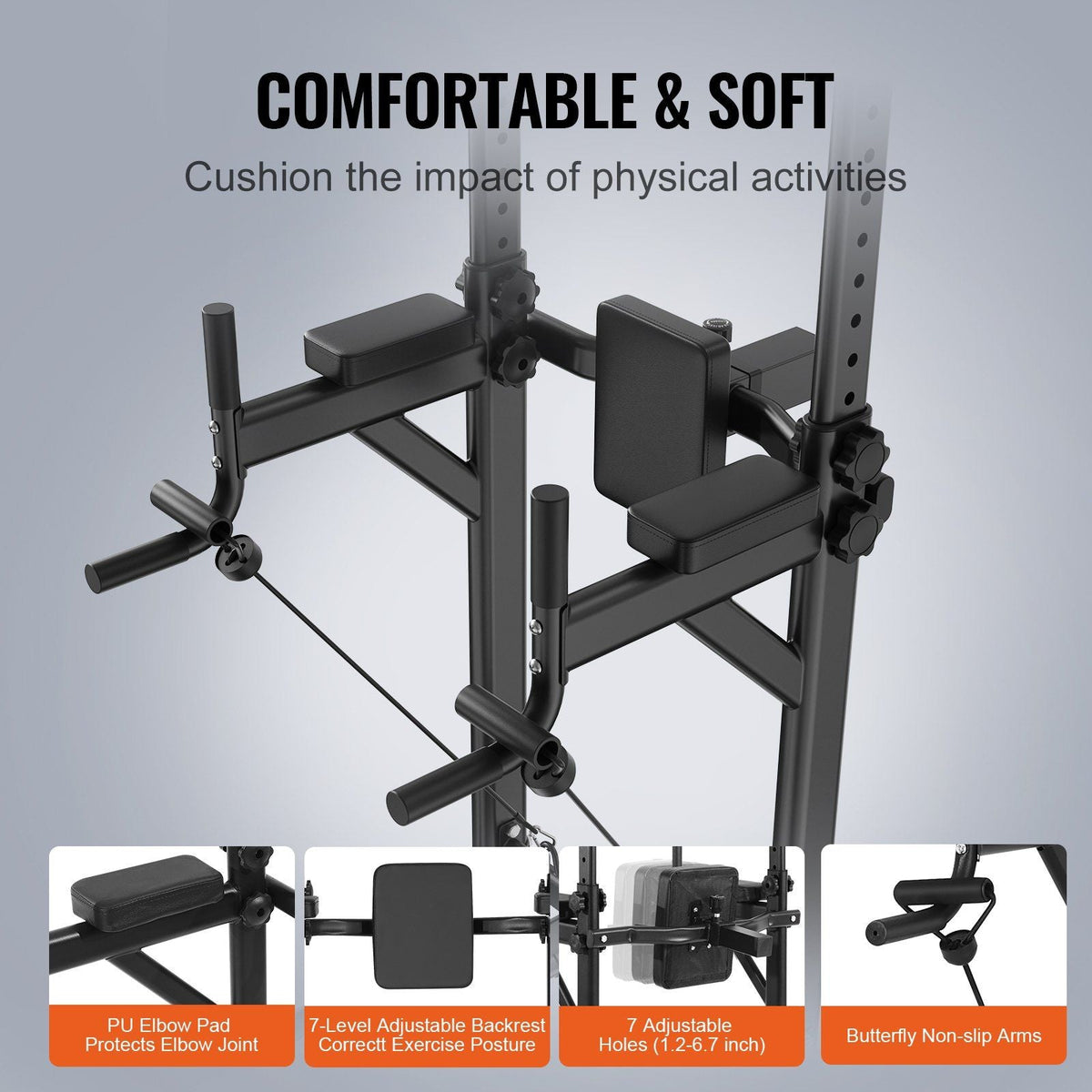 Power Tower Dip Station, 10-Level Height Adjustable Pull Up Bar Stand, Multi-Function Home Gym Strength Training Fitness Workout Equipment with 7-Level Adjustable Backrest, PU Elbow Pads, 440LBS