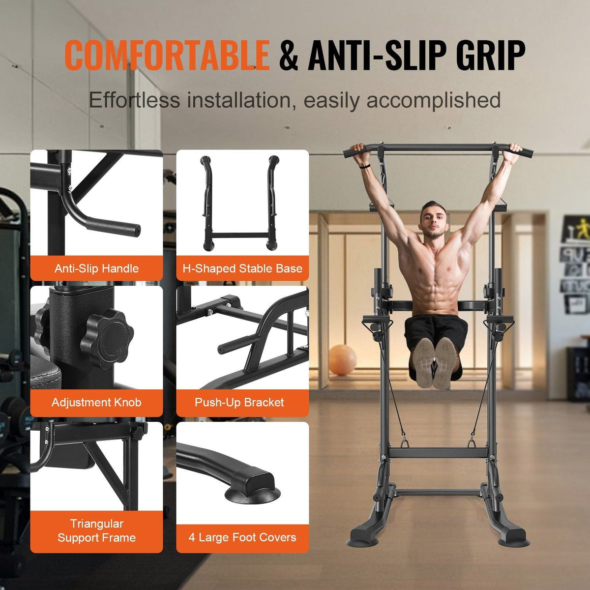 Power Tower Dip Station, 10-Level Height Adjustable Pull Up Bar Stand, Multi-Function Home Gym Strength Training Fitness Workout Equipment with 7-Level Adjustable Backrest, PU Elbow Pads, 440LBS