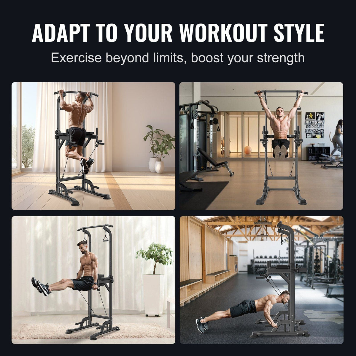 Power Tower Dip Station, 10-Level Height Adjustable Pull Up Bar Stand, Multi-Function Home Gym Strength Training Fitness Workout Equipment with 7-Level Adjustable Backrest, PU Elbow Pads, 440LBS