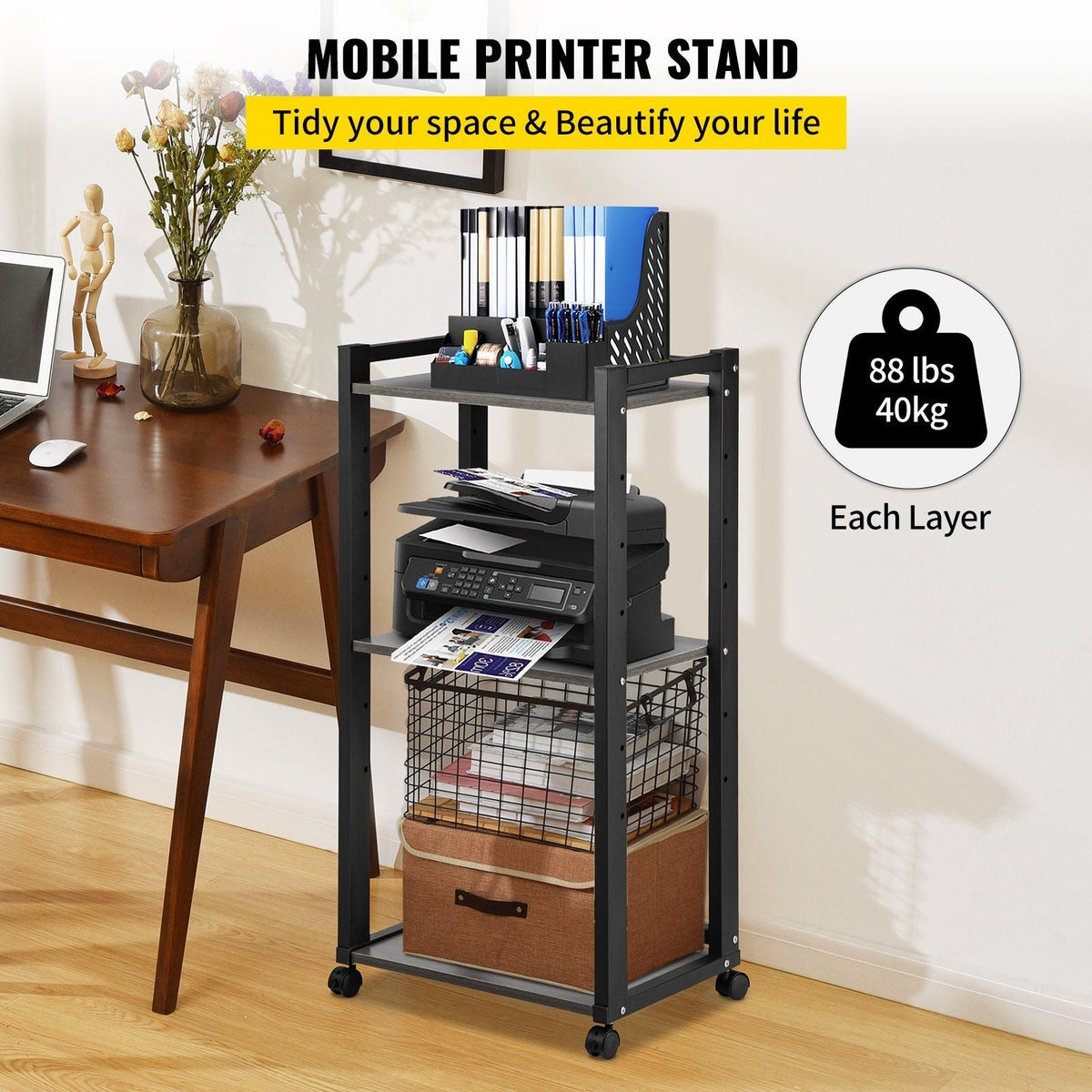 Printer Stand, 3-Tier Rolling Printer Cart, Adjustable Storage Shelf Rack on Lockable Wheels, 19.69x 13.78x 42 inch Printer Table for Home Office Small Spaces Organization, Black