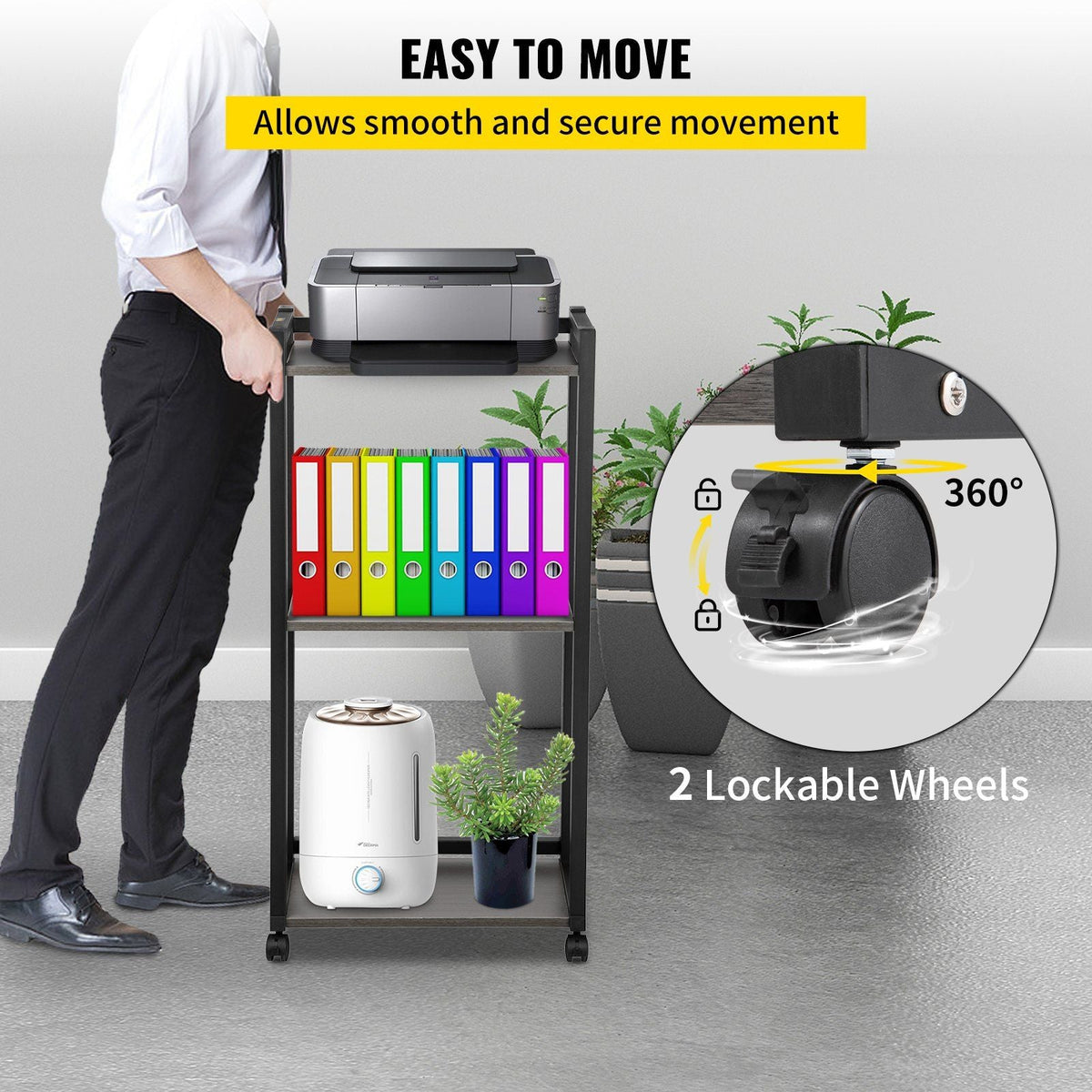 Printer Stand, 3-Tier Rolling Printer Cart, Adjustable Storage Shelf Rack on Lockable Wheels, 19.69x 13.78x 42 inch Printer Table for Home Office Small Spaces Organization, Black