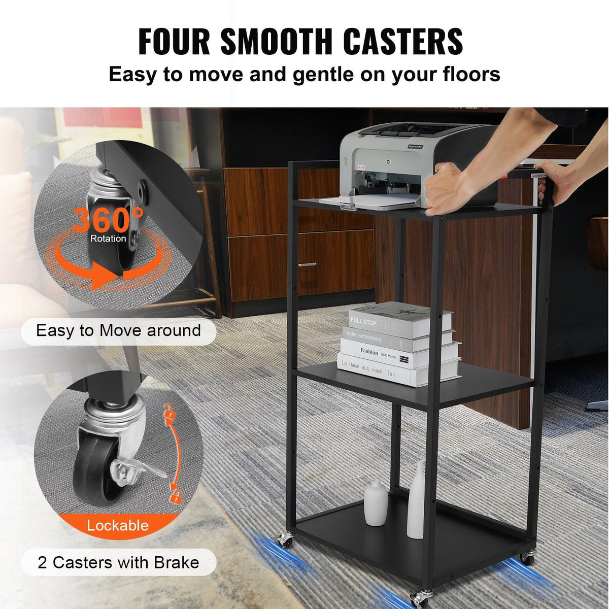 Printer Stand with Wheels, Height Adjustable 3 Tier Printer Stand, Printer Cart with Storage Shelves for Printer, Scanner, Fax, Home Office Use, CARB Certified, Black