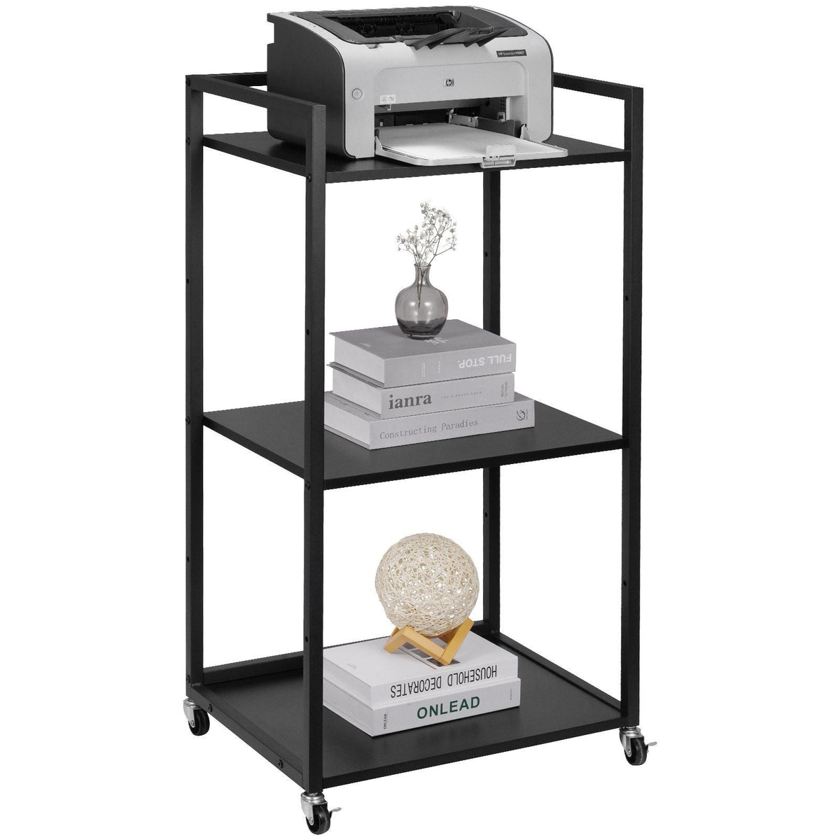 Printer Stand with Wheels, Height Adjustable 3 Tier Printer Stand, Printer Cart with Storage Shelves for Printer, Scanner, Fax, Home Office Use, CARB Certified, Black
