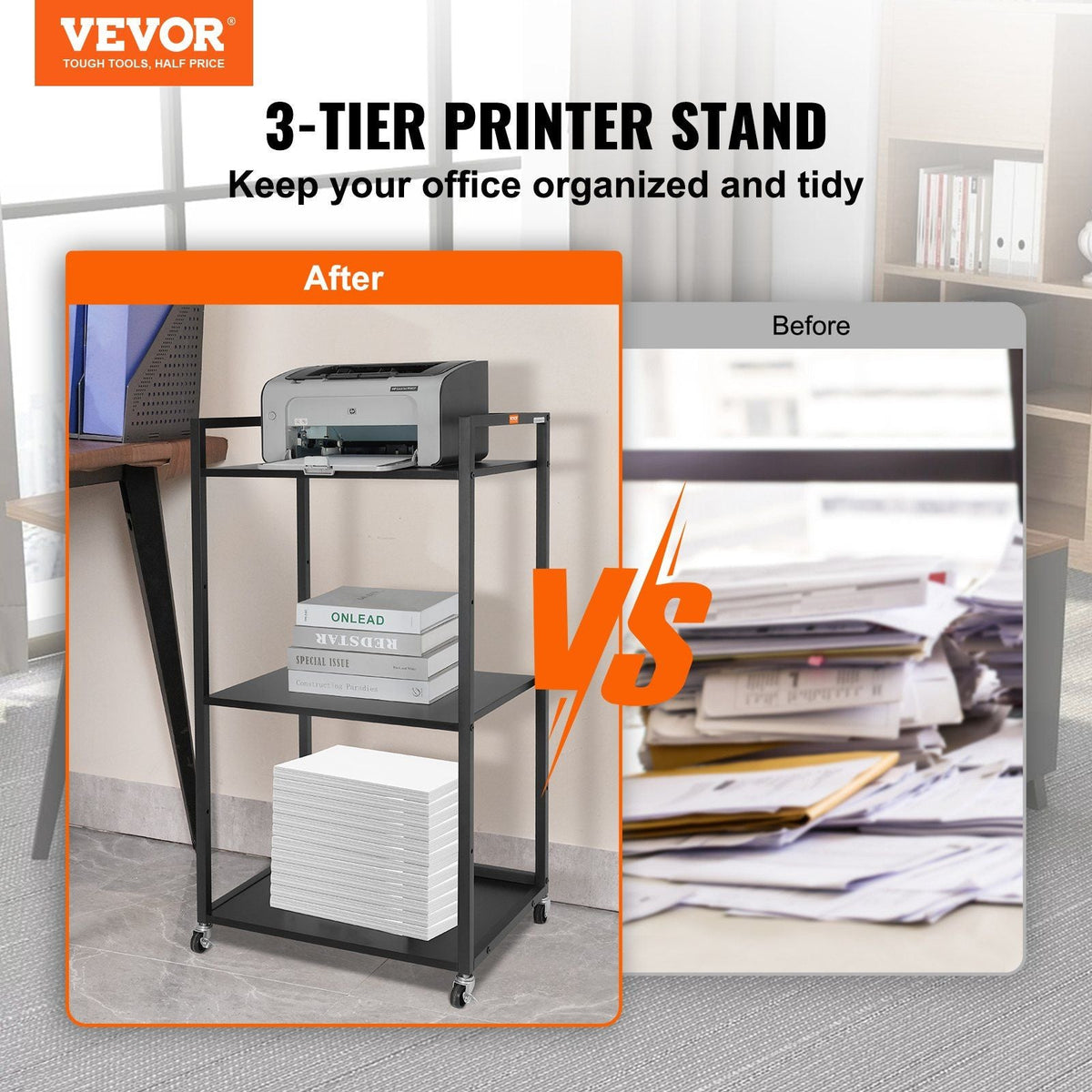Printer Stand with Wheels, Height Adjustable 3 Tier Printer Stand, Printer Cart with Storage Shelves for Printer, Scanner, Fax, Home Office Use, CARB Certified, Black