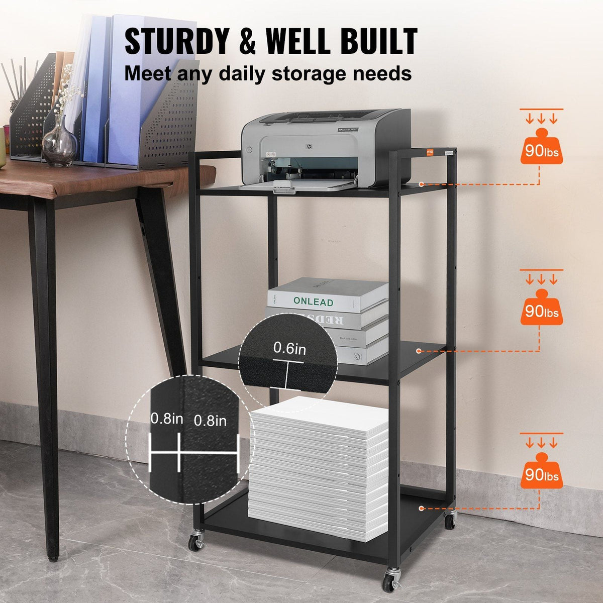 Printer Stand with Wheels, Height Adjustable 3 Tier Printer Stand, Printer Cart with Storage Shelves for Printer, Scanner, Fax, Home Office Use, CARB Certified, Black