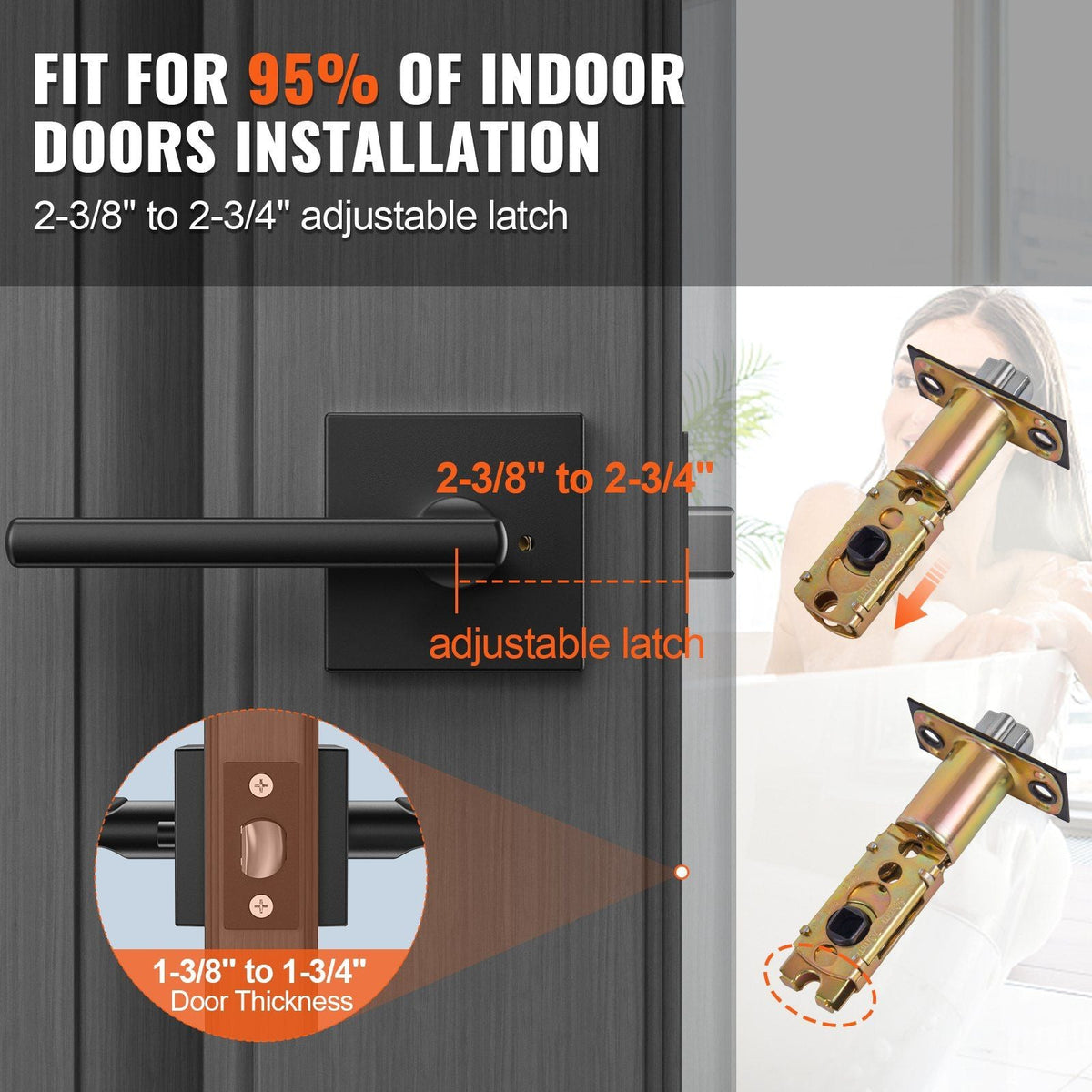 Privacy Door Handle, 5-Pack Matte Black Door Lever, Right or Left Handing Reversible Lever with Keyless Lock, 45° Rotation to Open, Square Interior Door Handles for Bathroom and Bedroom Doors