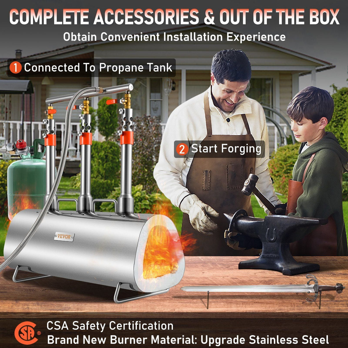 Propane Forge Portable, Triple Burner Tool and Knife Making, Large Capacity Blacksmith Farrier Forges, Mini Furnace Blacksmithing, Stainless Steel Gas Forging Tools and Equipment, Oval