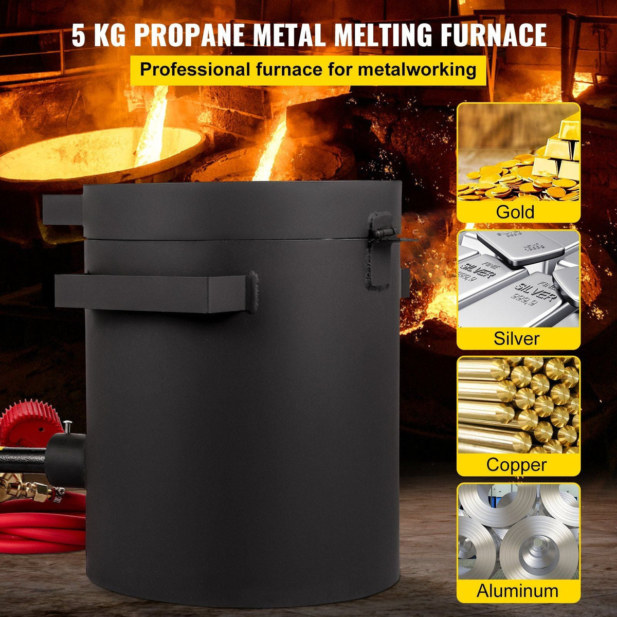 Propane Melting Furnace 6KG, 2462°F Metal Foundry Furnace Kit - Graphite Crucible and Tongs, Casting Melting Smelting Refining Precious Metals Like Gold Silver Aluminum Copper Brass Bronze