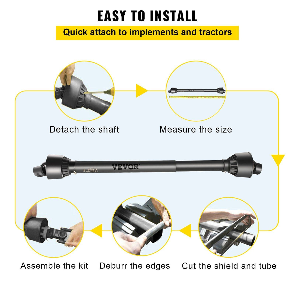 PTO Shaft, 1-3/8" PTO Drive Shaft, 6 Spline End and Round Implement End PTO Driveline Shaft, Series 4 Tractor PTO Shaft, 51"-75" Brush Hog PTO Shaft, for Finish Mower, Rotary Cutter