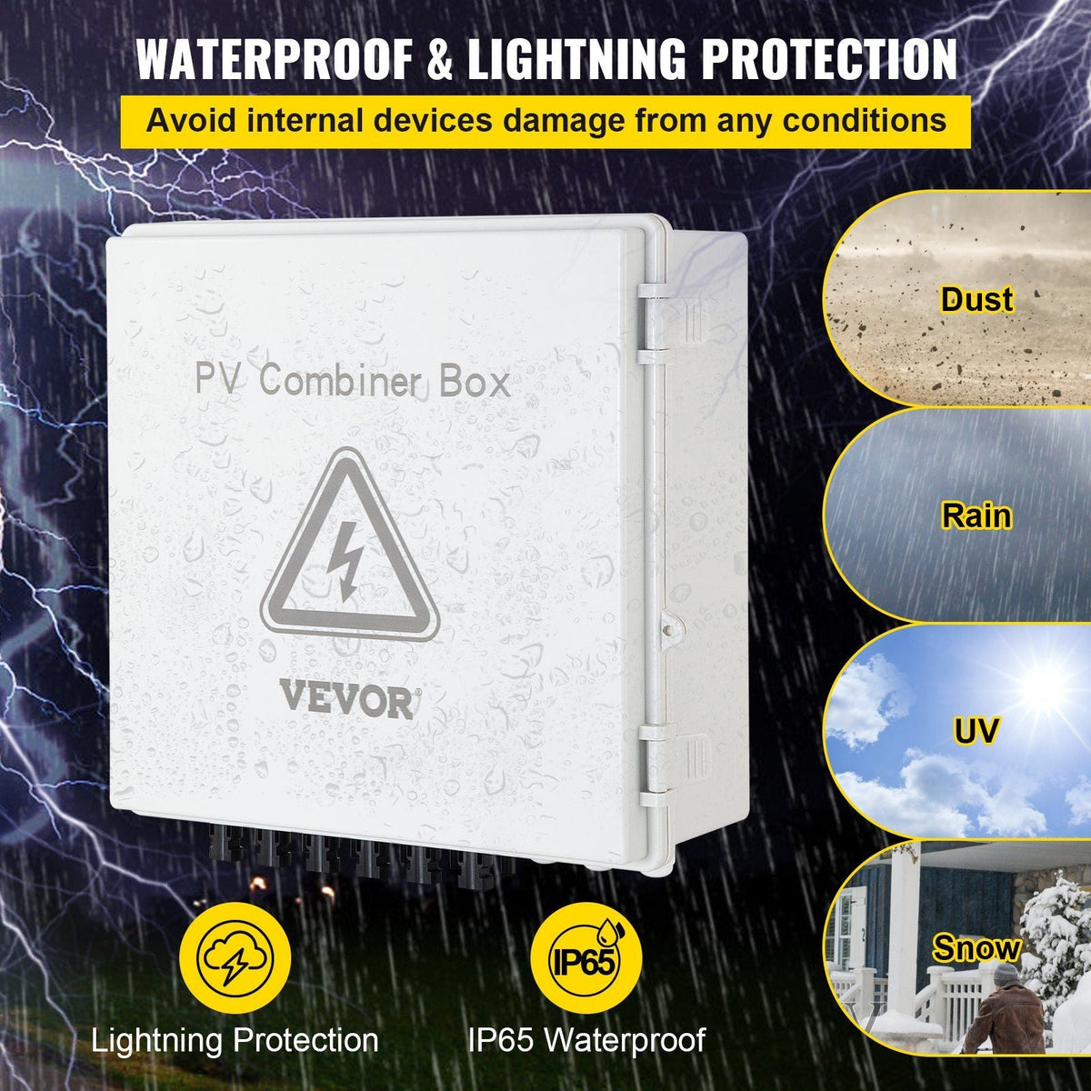 PV Combiner Box, 6 String, Solar Combiner Box with 15A Rated Current Fuse, 125A Circuit Breaker, Lightning Arreste and Solar Connector, for On/Off Grid Solar Panel System, IP65 Waterproof
