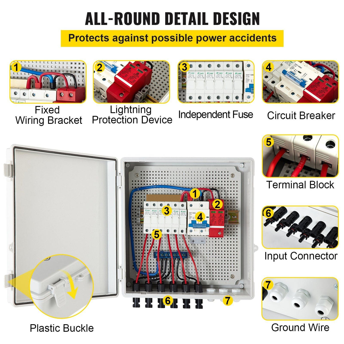 PV Combiner Box, 6 String, Solar Combiner Box with 15A Rated Current Fuse, 125A Circuit Breaker, Lightning Arreste and Solar Connector, for On/Off Grid Solar Panel System, IP65 Waterproof