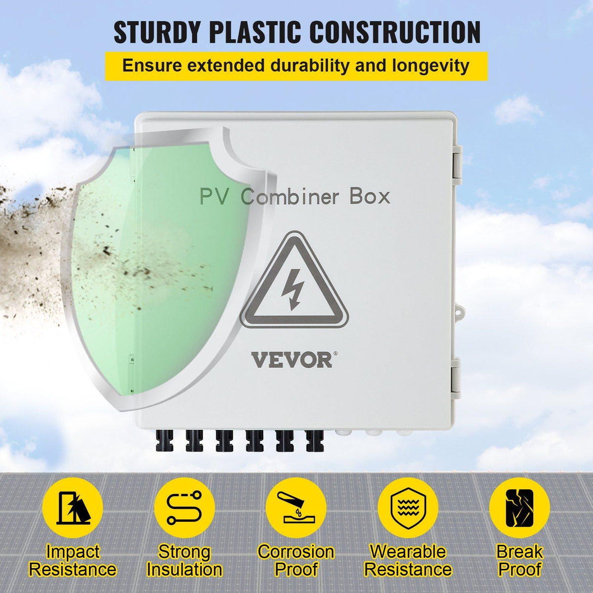 PV Combiner Box, 6 String, Solar Combiner Box with 15A Rated Current Fuse, 125A Circuit Breaker, Lightning Arreste and Solar Connector, for On/Off Grid Solar Panel System, IP65 Waterproof