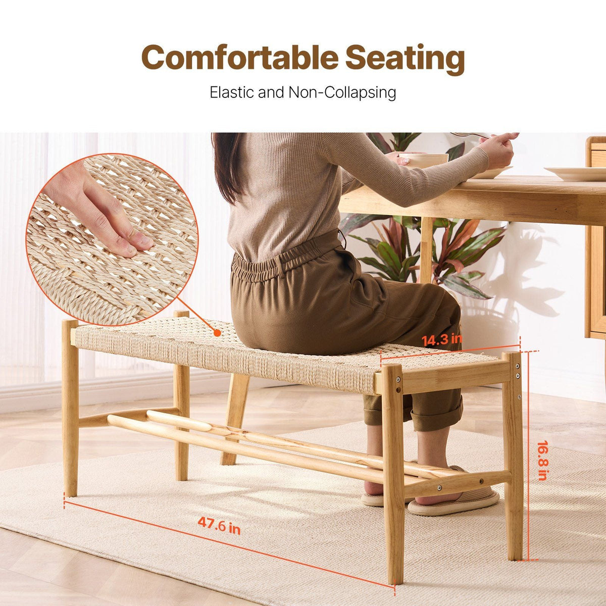 Rattan Bench, 47.6" Wooden Rattan Bench with Shoe Storage, Entryway Bench with Oak Wood Legs, Solid Wood Boho Bench with Hand Woven Rattan, for Entryway, Bedroom, Living Room, Kitchen