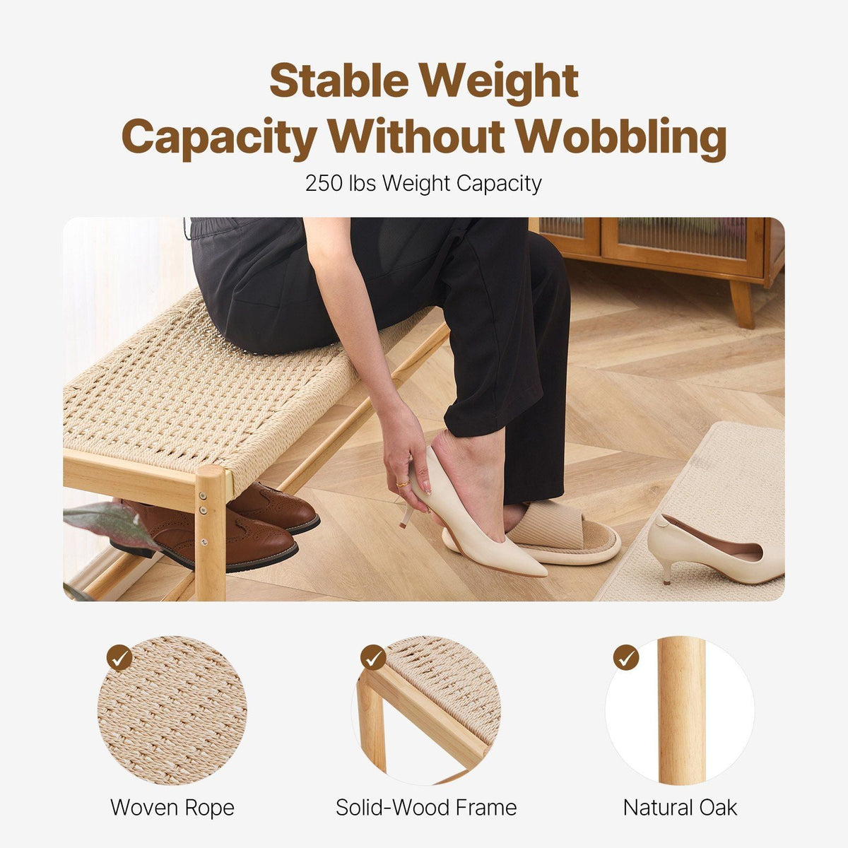 Rattan Bench, 47.6" Wooden Rattan Bench with Shoe Storage, Entryway Bench with Oak Wood Legs, Solid Wood Boho Bench with Hand Woven Rattan, for Entryway, Bedroom, Living Room, Kitchen