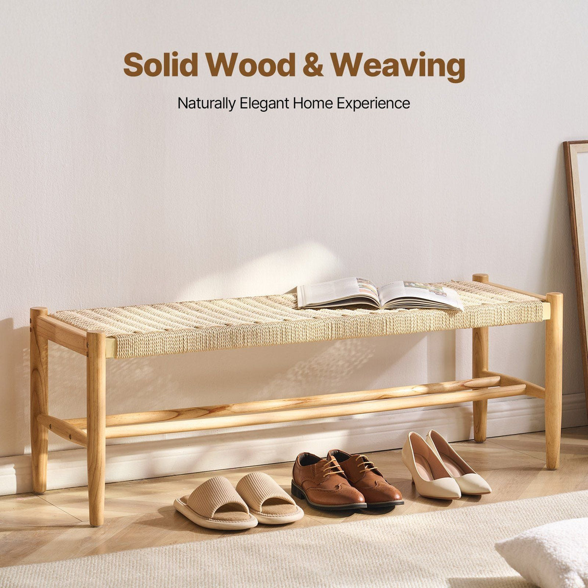 Rattan Bench, 47.6" Wooden Rattan Bench with Shoe Storage, Entryway Bench with Oak Wood Legs, Solid Wood Boho Bench with Hand Woven Rattan, for Entryway, Bedroom, Living Room, Kitchen