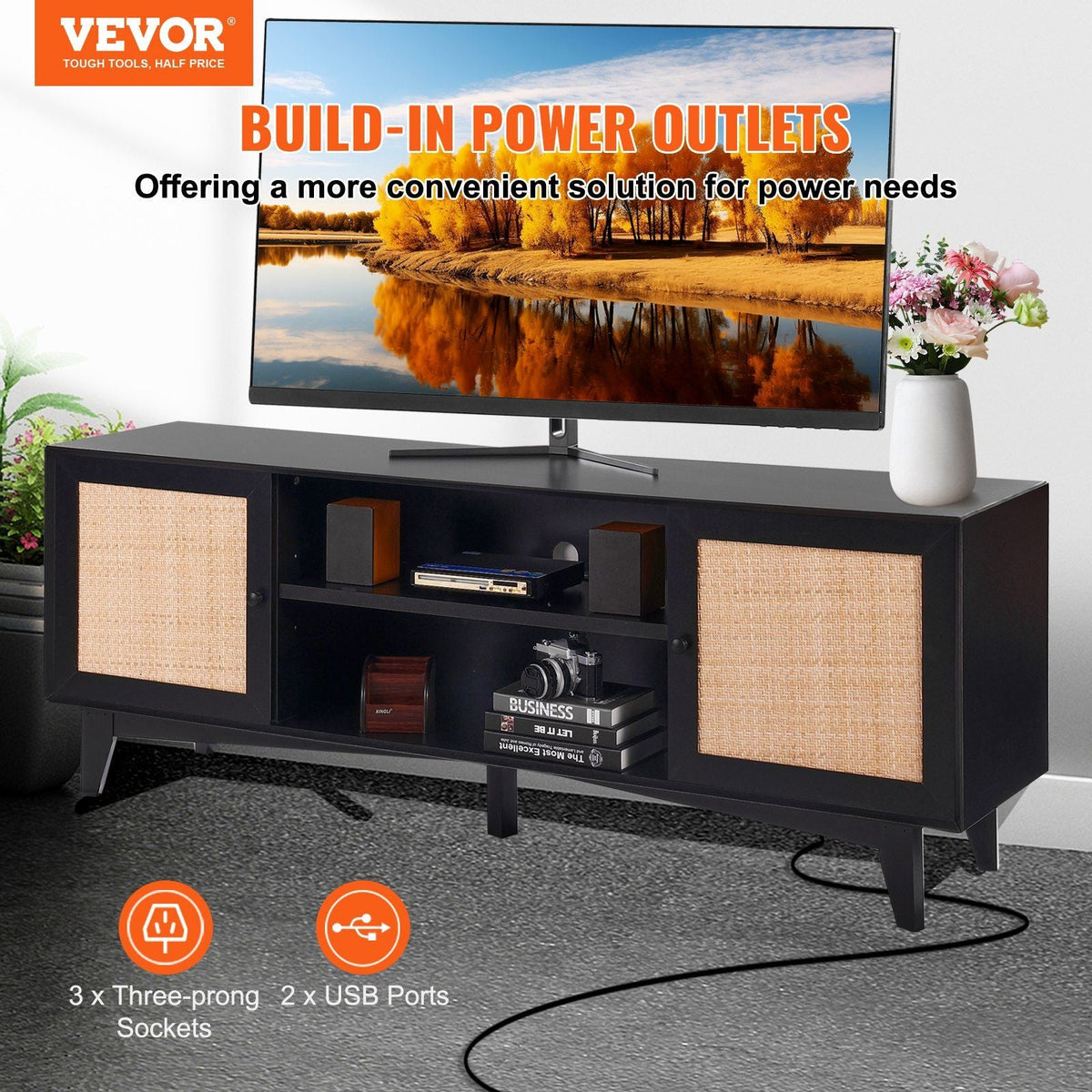 Rattan TV Stand for 75in TV, Boho TV Stand with Rattan Door, Entertainment Center with Build-in Socket, Storage Cabinet with 2 Shelves, Modern TV Console for Living Room, Media Room, Black