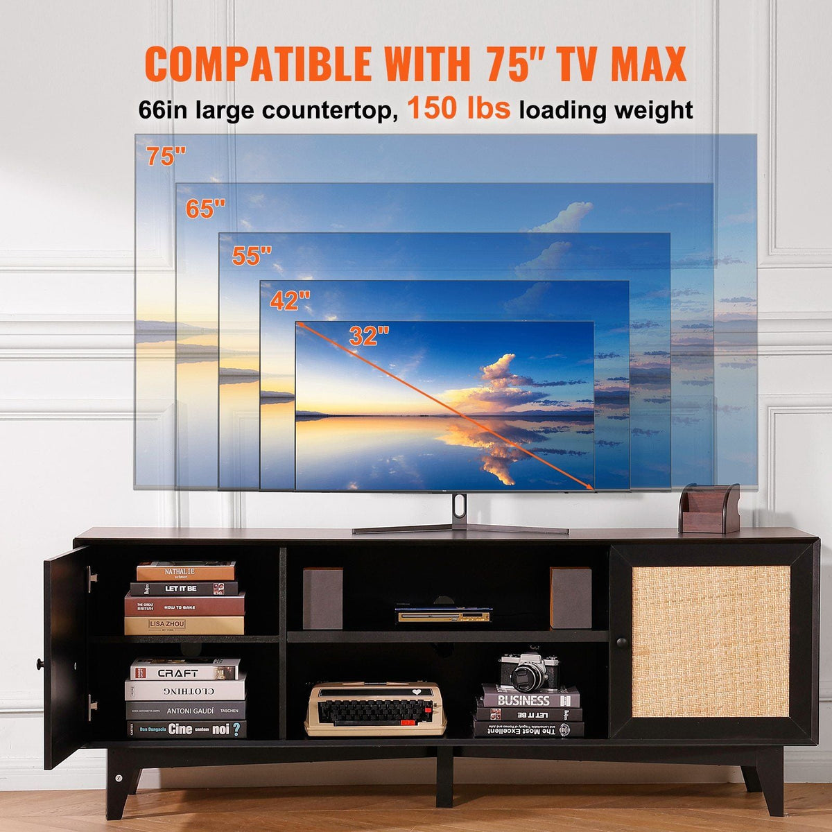Rattan TV Stand for 75in TV, Boho TV Stand with Rattan Door, Entertainment Center with Build-in Socket, Storage Cabinet with 2 Shelves, Modern TV Console for Living Room, Media Room, Black