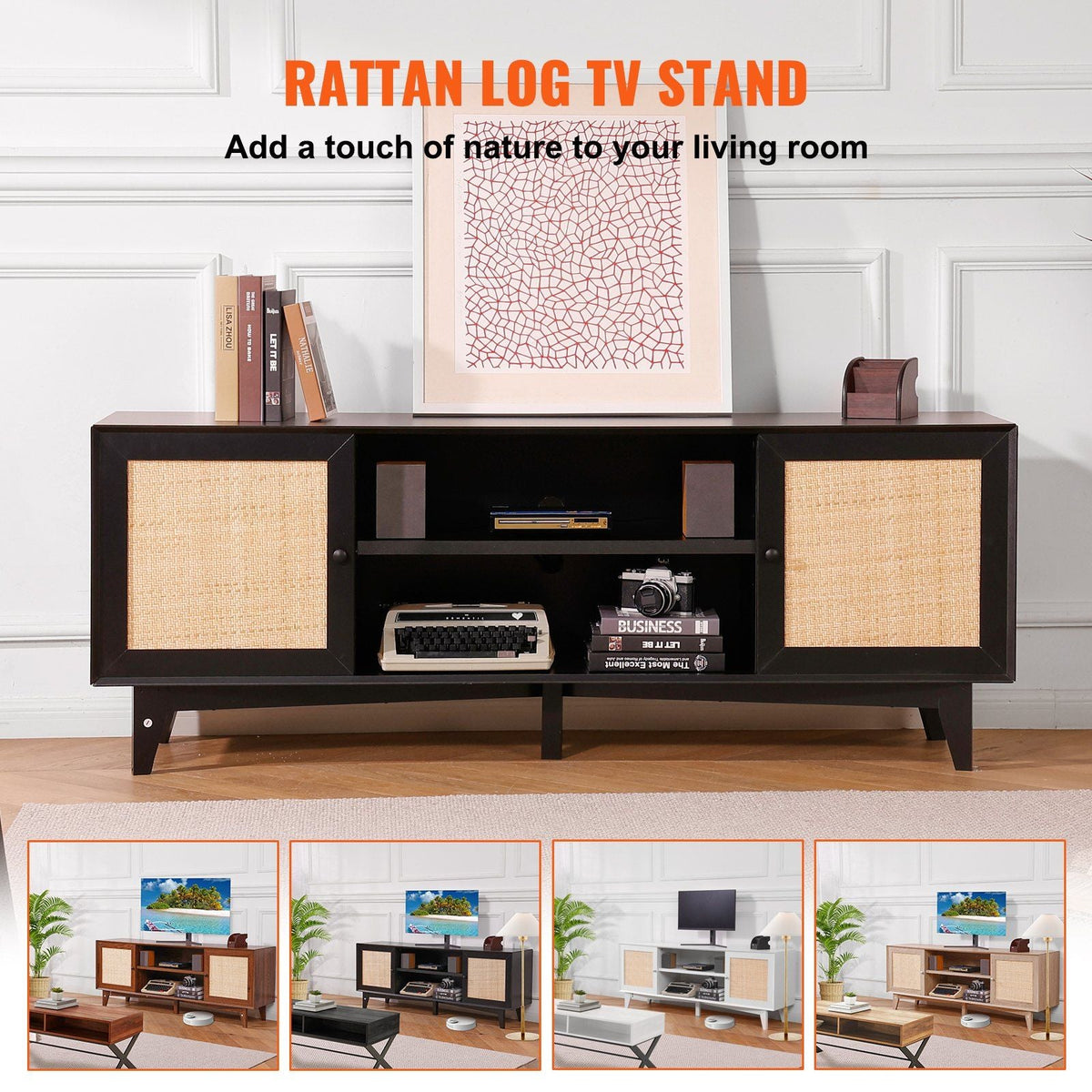 Rattan TV Stand for 75in TV, Boho TV Stand with Rattan Door, Entertainment Center with Build-in Socket, Storage Cabinet with 2 Shelves, Modern TV Console for Living Room, Media Room, Black