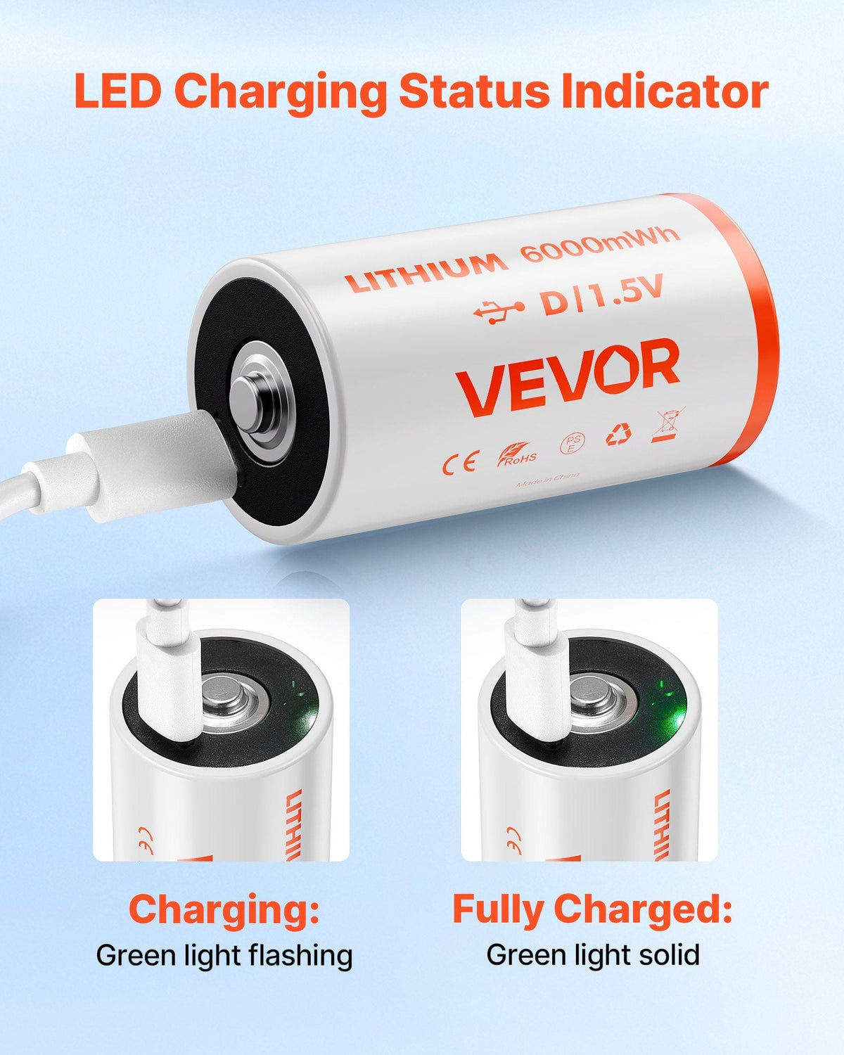 Rechargeable D Batteries 4 Pack 1.5V 6000mWh Lithium D Battery USB-C Cable