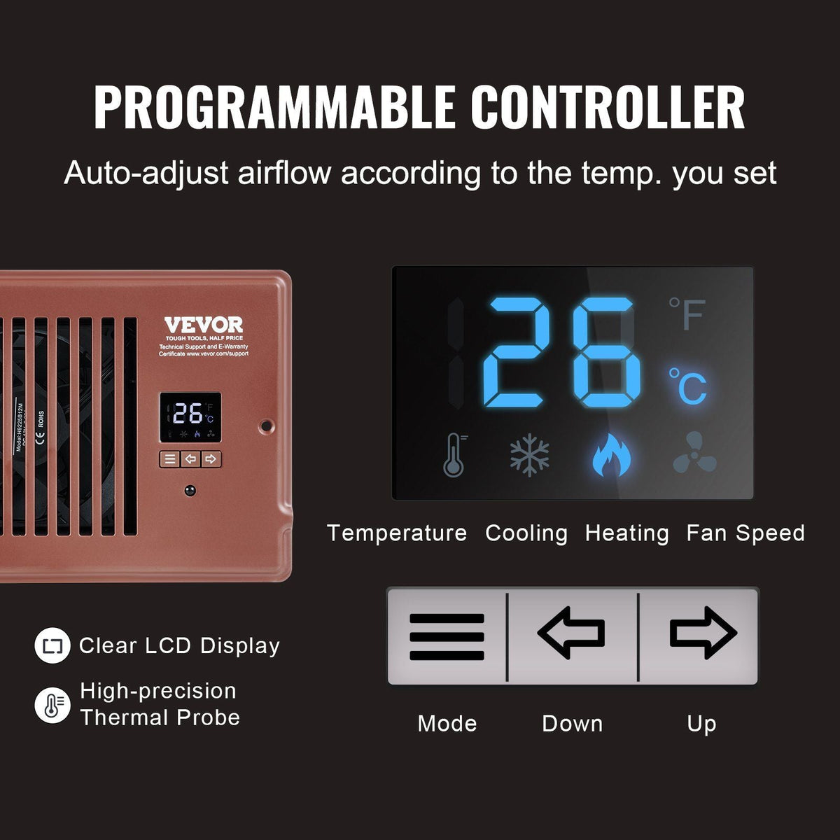 Register Booster Fan, Quiet Vent Booster Fan Fits 4' x 12' Register Holes, with Remote Control and Thermostat Control, Adjustable Speed for Heating Cooling Smart Vent, Brown