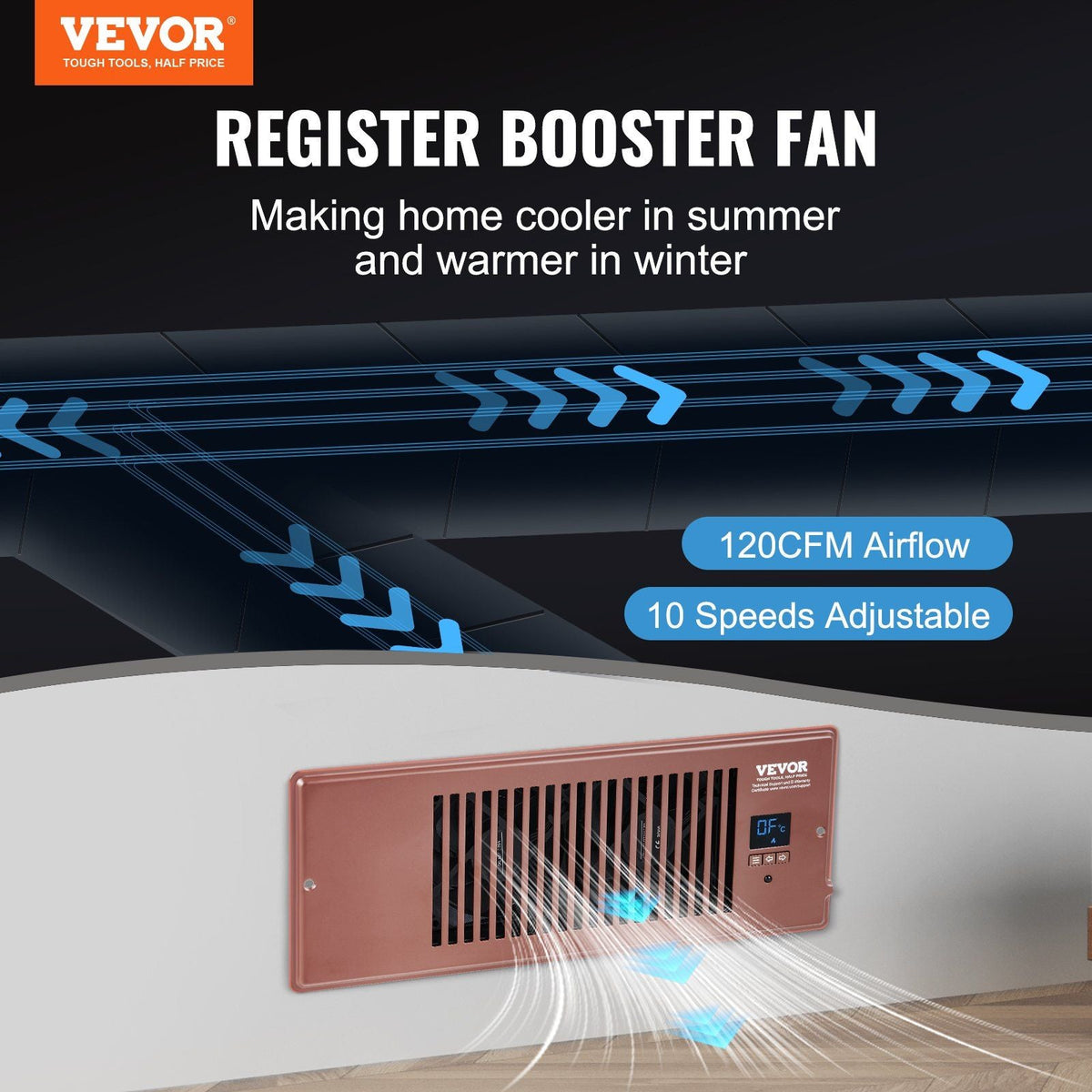 Register Booster Fan, Quiet Vent Booster Fan Fits 4' x 12' Register Holes, with Remote Control and Thermostat Control, Adjustable Speed for Heating Cooling Smart Vent, Brown