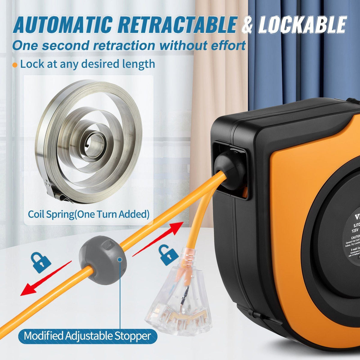 Retractable Extension Cord Reel, 65 FT, Heavy Duty 12AWG/3C SJTOW Power Cord, with Lighted Triple Tap Outlet, 15 Amp Circuit Breaker, 180° Swivel Bracket for Ceiling Tested to UL Standards