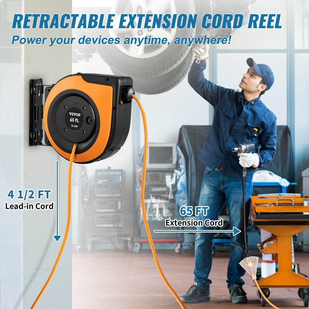 Retractable Extension Cord Reel, 65 FT, Heavy Duty 12AWG/3C SJTOW Power Cord, with Lighted Triple Tap Outlet, 15 Amp Circuit Breaker, 180° Swivel Bracket for Ceiling Tested to UL Standards
