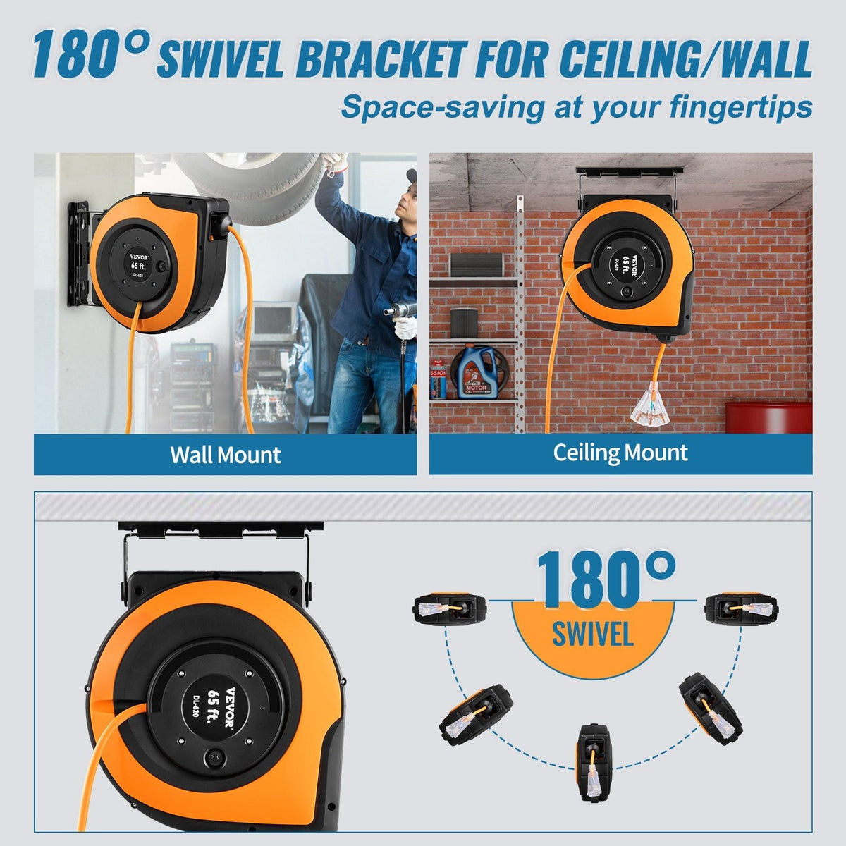 Retractable Extension Cord Reel, 65 FT, Heavy Duty 12AWG/3C SJTOW Power Cord, with Lighted Triple Tap Outlet, 15 Amp Circuit Breaker, 180° Swivel Bracket for Ceiling Tested to UL Standards