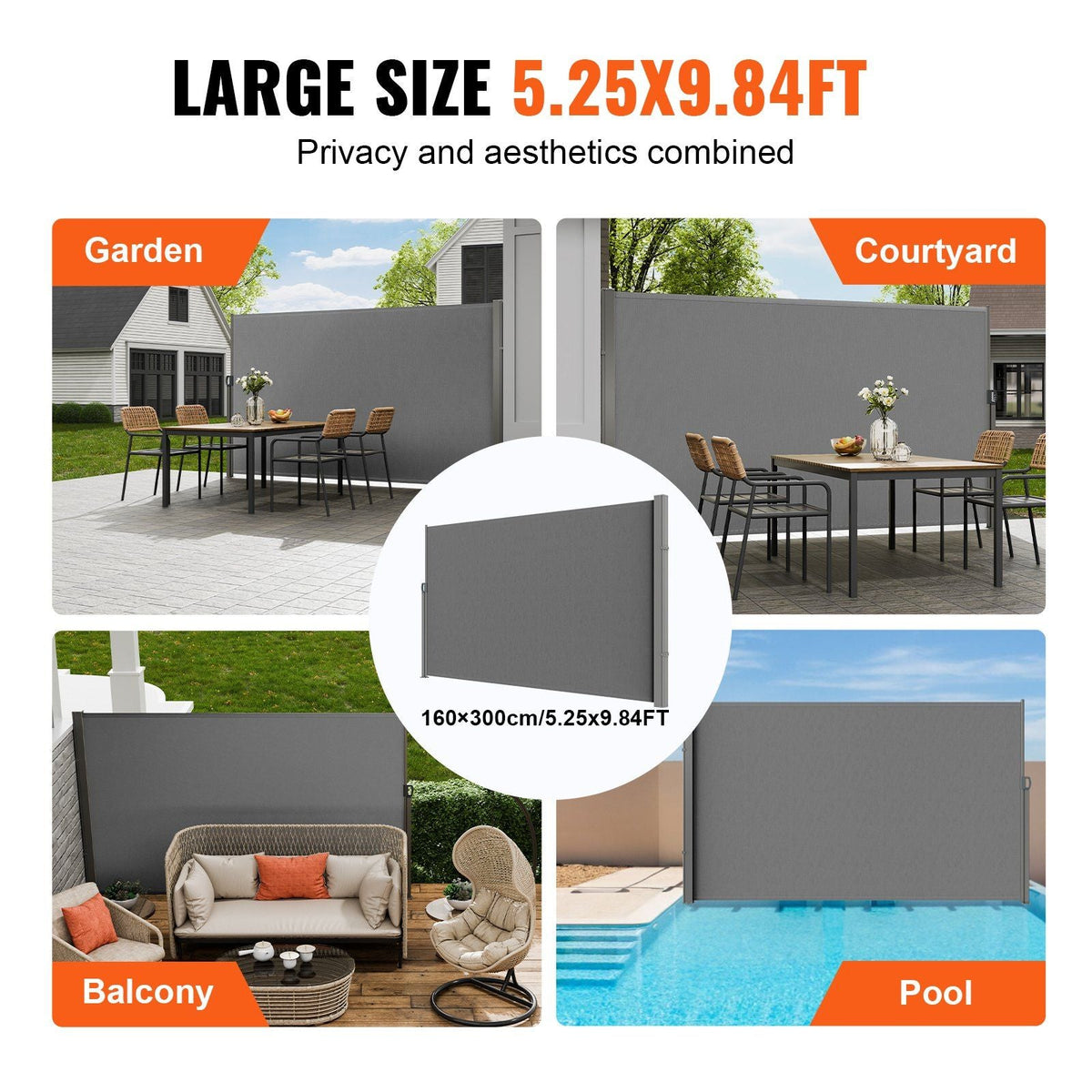 Retractable Side Awning, 63''x 118'' Outdoor Privacy Screen, 180g Polyester Water-proof Retractable Patio Screen, UV 30+ Room Divider Wind Screen for Patio, Backyard, Balcony, Gray