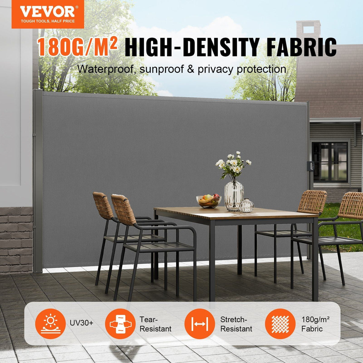 Retractable Side Awning, 71''x 118'' Outdoor Privacy Screen, 180g Polyester Water-proof Retractable Patio Screen, UV 30+ Room Divider Wind Screen for Patio, Backyard, Balcony, Gray