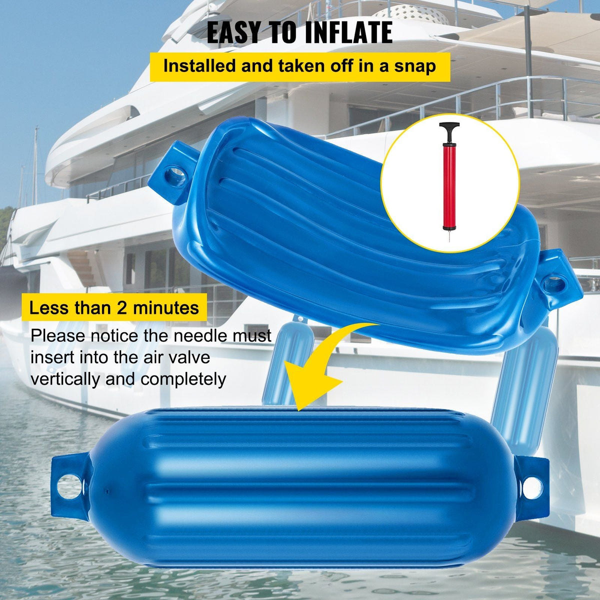 Ribbed Twin Eyes Boat Fender Pack of 4 and Pump to Inflate (Blue,8.5 x 27 inches)