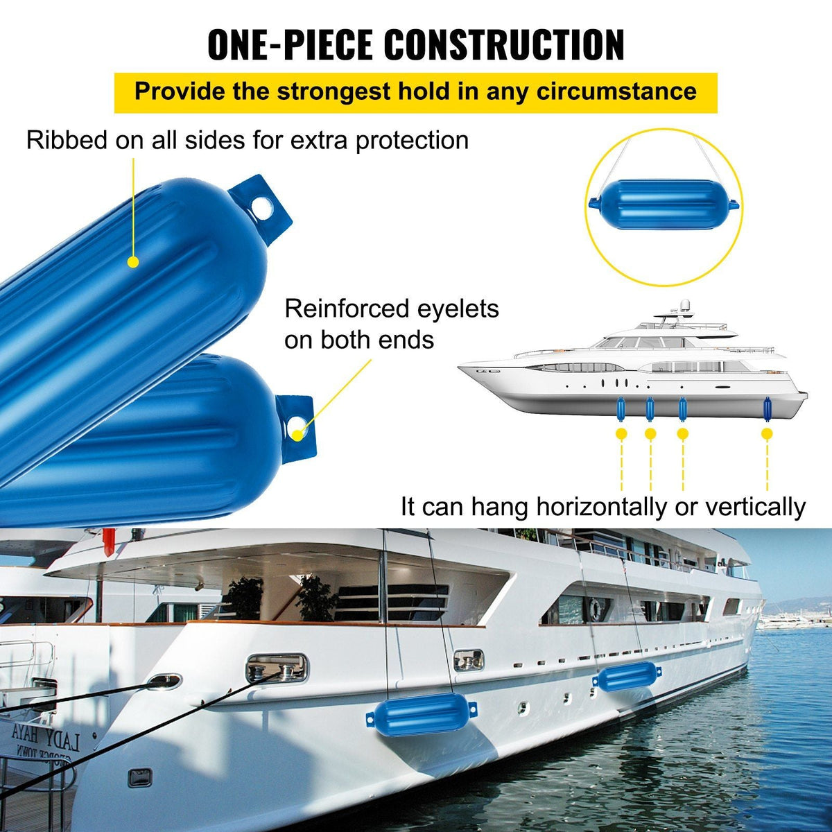 Ribbed Twin Eyes Boat Fender Pack of 4 and Pump to Inflate (Blue,8.5 x 27 inches)