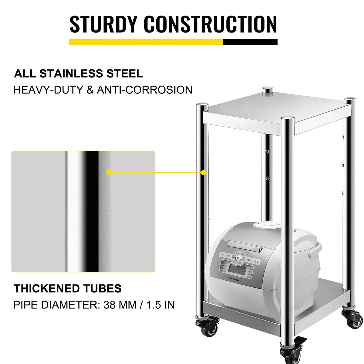 Rice Warmer Stand 14" x 14" Restaurant Equipment Stand All Stainless Steel Sushi Warmer Stand Two Undershelf Commercial Kitchen Equipment Stand Rice Warmer Commercial with Wheels and Two Brakes