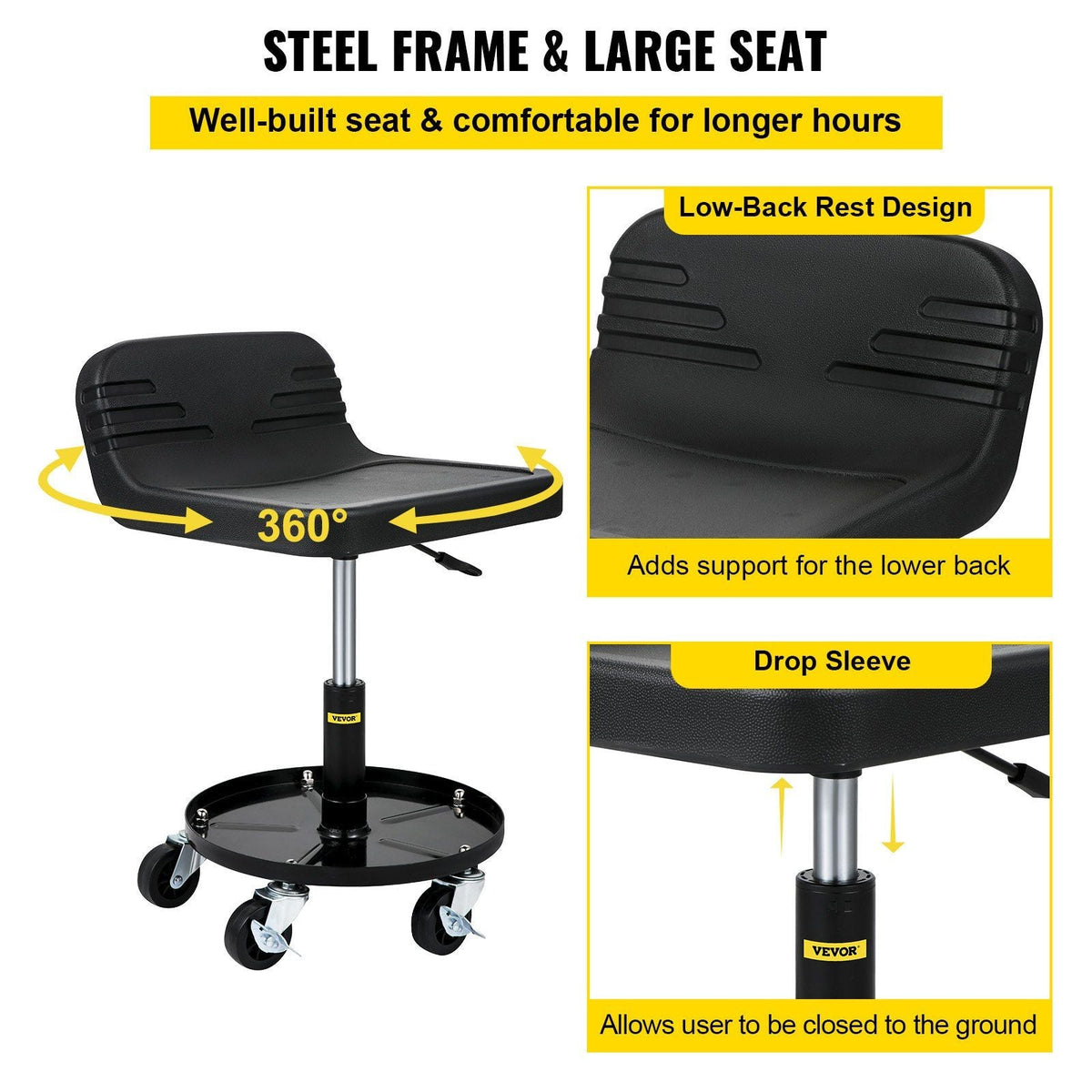 Rolling Garage Stool, 300LBS Capacity, Adjustable Height from 15.7 in to 20.5 in, Mechanic Seat with 360-degree Swivel Wheels and Tool Tray, for Workshop, Auto Repair Shop, Black